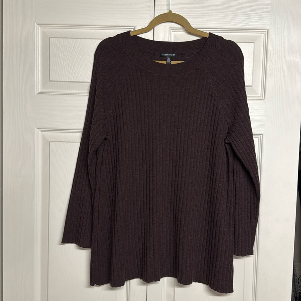 Eileen Fisher Fine Merino Wool Crew Neck Sweater Brown Size Medium Ribbed Luxury